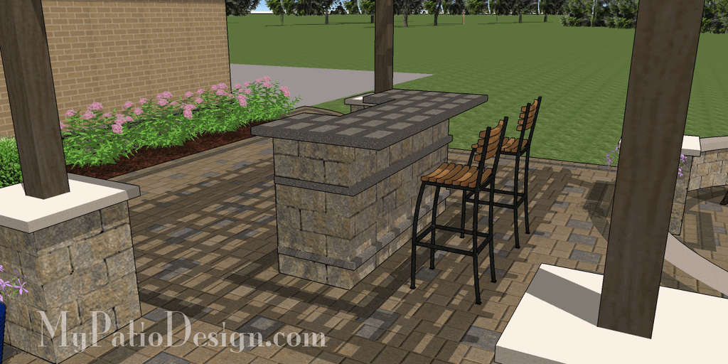 Curvy terraced patio design with outdoor bar.