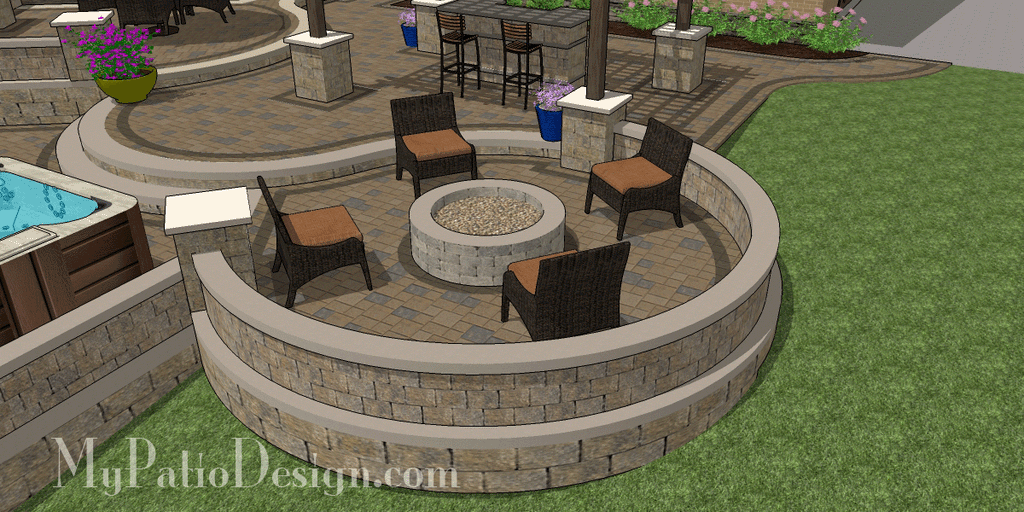 Curvy terraced patio design with fire pit
