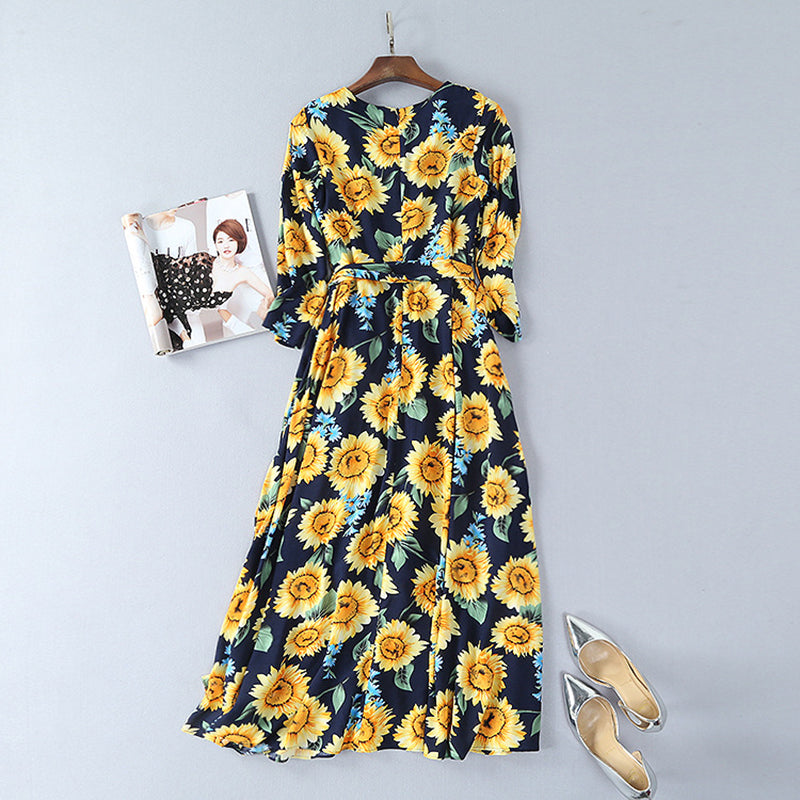 New 2018 Womans Apparel - Designer Runway Dress Women's Gorgeous Floral Sunflower Printed Mid-calf Dress - Sunflower Day Maxi Dress