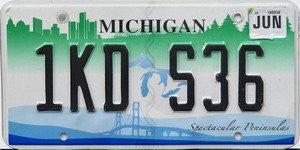 Michigan Spectacular Peninsula license plate black numbers on white with blue bridge and green city skyline