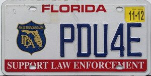 Florida Support law Enforcement license plate blue numbers on white with Police Benevolent Association emblem