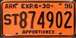 Arkansas Apportioned License Plate black numbers on orange