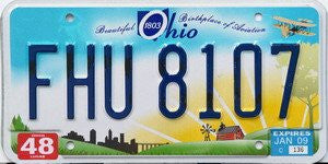 Ohio Beautiful Birthplace of Aviation License Plate blue numbers with Biplane and Farm Scene