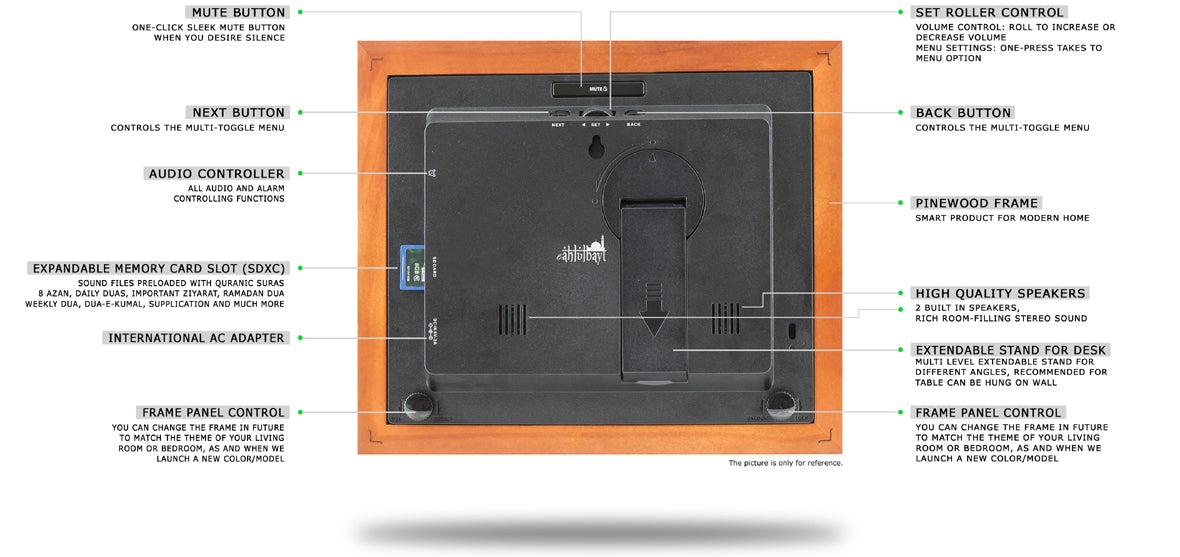 Smart Azan Clock Infographic Explaining features and controls