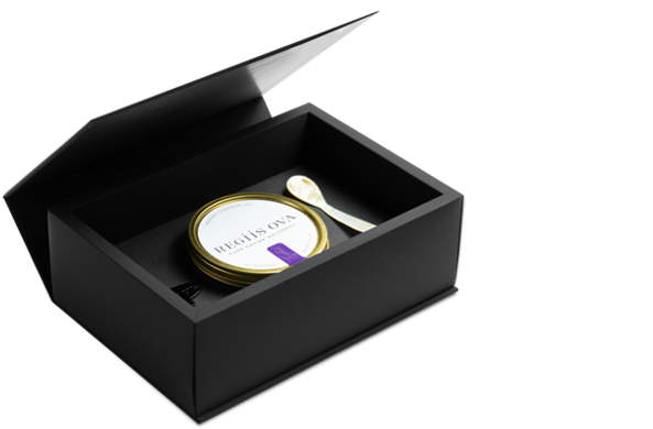 Madovar black magnetic closure box with custom insert that holds a Regiis Ova gift set