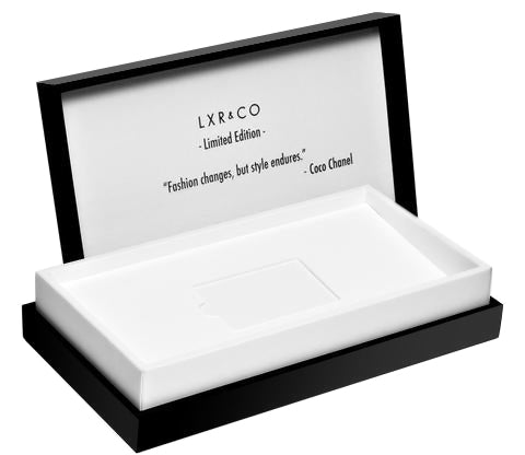 Black outside, white inside box with text printed in black and an insert for a gift card 