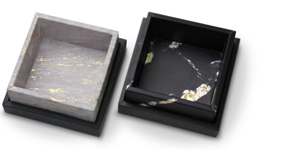Madovar removable lid boxes with black bottom cover and tray printed with marble patterns