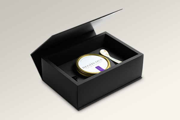 Madovar black magnetic closure box with custom insert that holds a caviar gift set