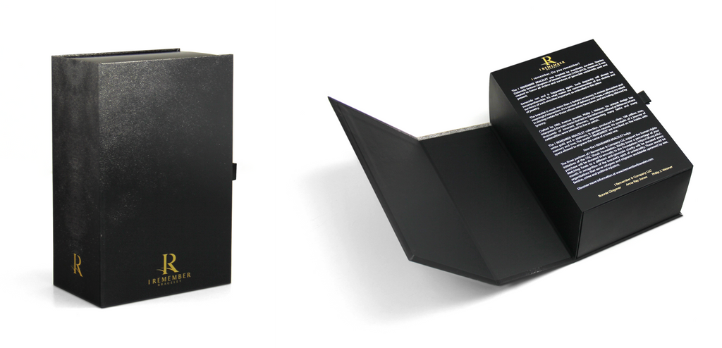 Madovar black book-style magnetic closure box with custom insert that holds the I Remember bracelet