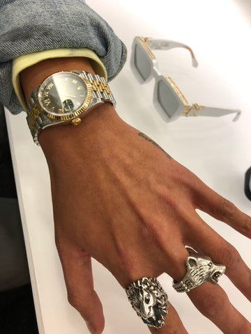 Swang's 14k Gold and Plantinum Rolex, Paired With Silver Gucci Rings