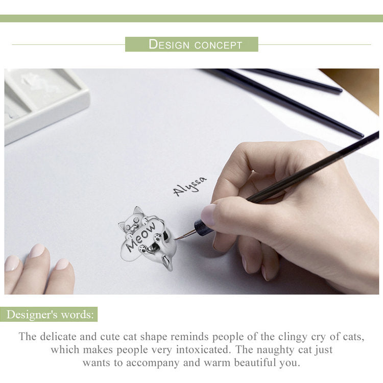 925 Sterling Silver Meow Cat Animal Charm.