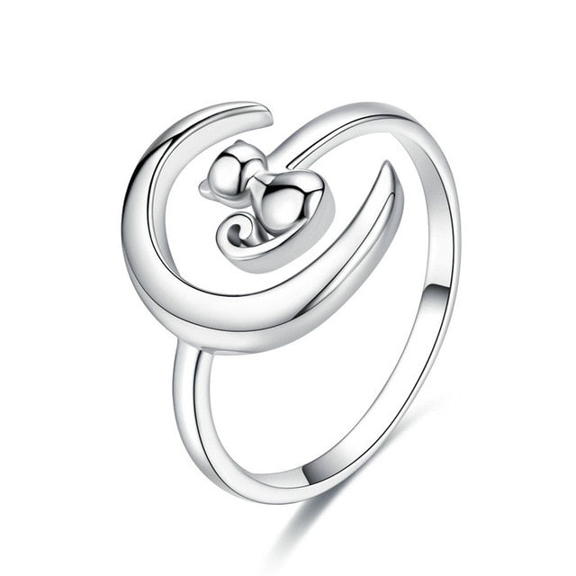 925 Sterling Silver Moon Cat Open Size Adjustable Finger Ring.