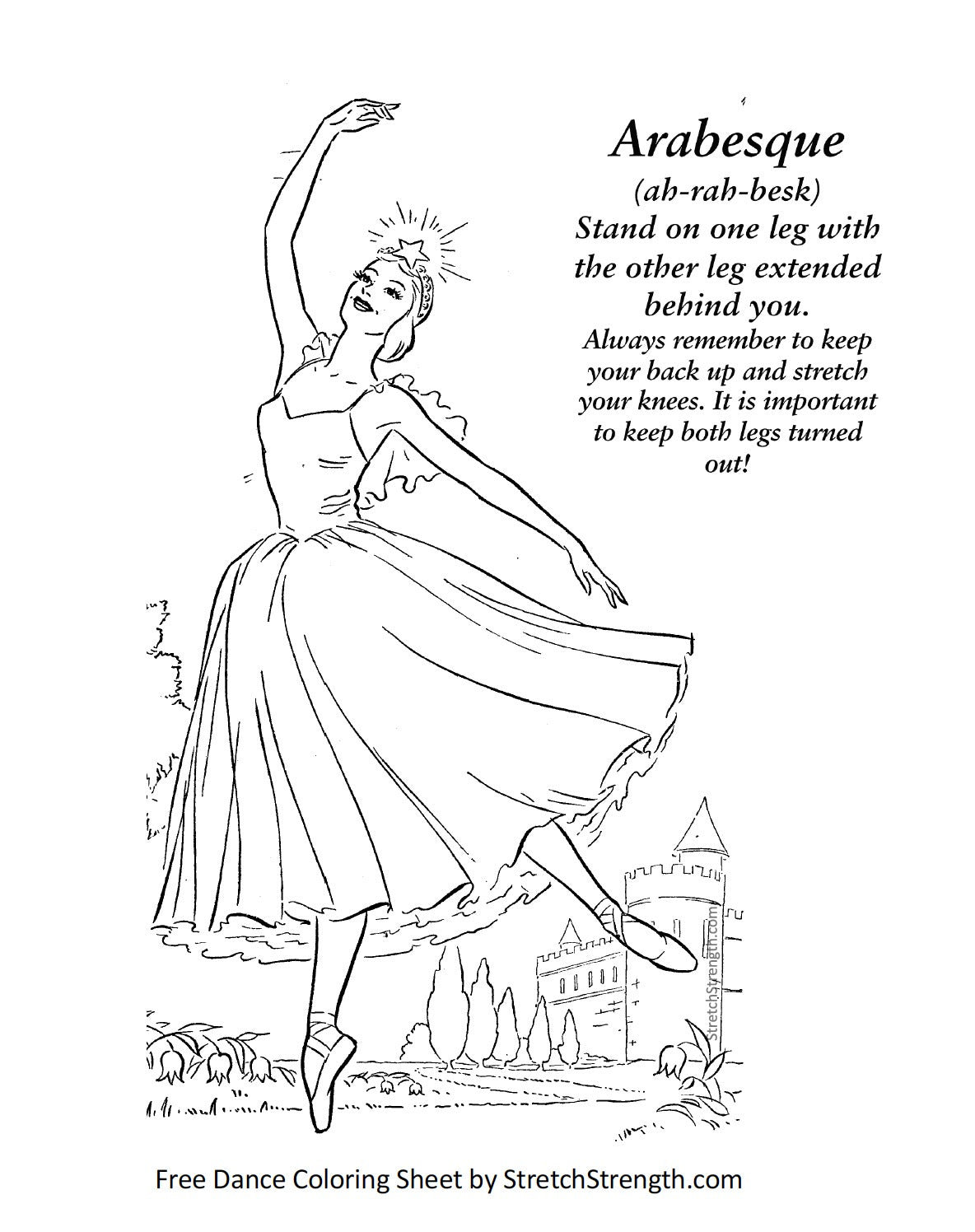 Free Ballet Dancer Vocabulary Coloring Sheet by StretchStrength.com  Arabesque