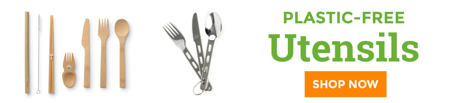 Plastic-Free Utensils banner featuring bamboo and stainless steel utensils