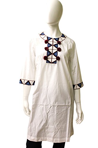 Fique Figue Cotton Tunic With Beaded Highlights, Size S, White