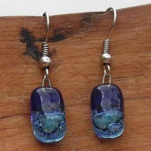 Small Rectangular Glass Earrings - Blue Bubbles - Tili Glass - Good World Goods