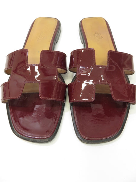 HERMES Women Burgundy Red Patent Leather Oran H Sandals Mules Slip on