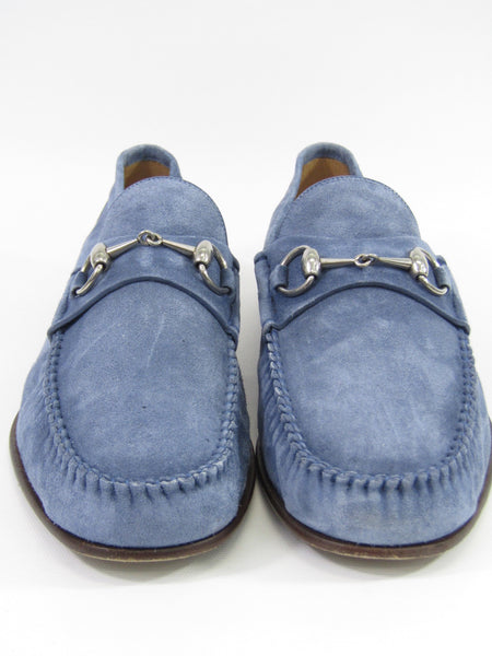 GUCCI Men Light Blue Suede Silver Buckle Moccasins Loafers Slip On Sho