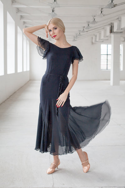 black ballroom dress or evening dress with net overlay and floaty sleeves from dancewear for you australia
