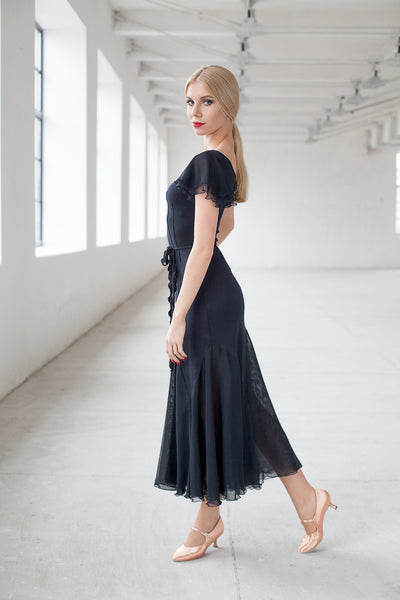 black ballroom dress or evening dress with net overlay and floaty sleeves from dancewear for you australia