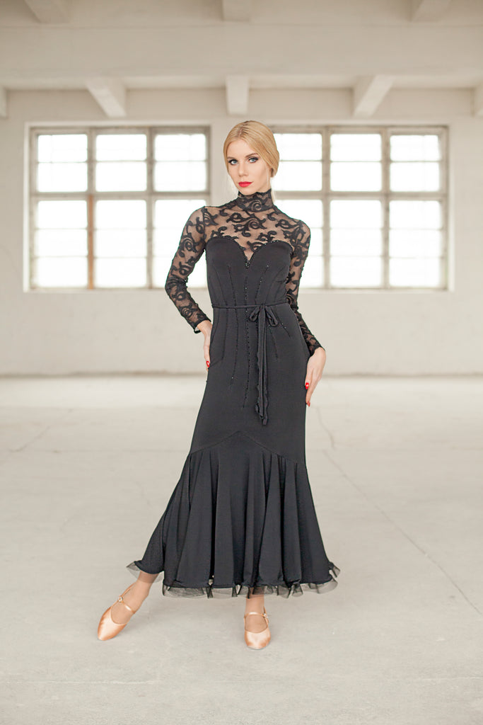 long ballroom dress or evening wear dress in black with high neckline with long lace sleeves and lace covered back and neckline in vintage design from dancewear for you australia