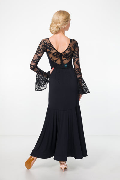 black ballroom dress or evening dress with lace and long lace floaty sleeves from dancewear for you australia