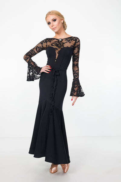 black ballroom dress or evening dress with lace and long lace floaty sleeves from dancewear for you australia