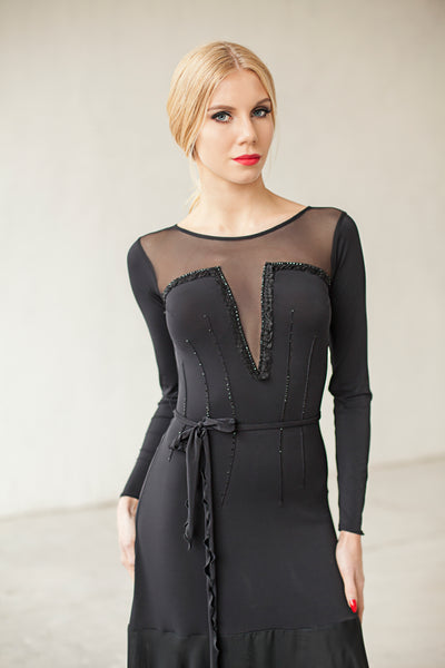 mid length ballroom or evening wear or cocktail dress in black with stretch net neckline and long sleeves from dancewear for you australia