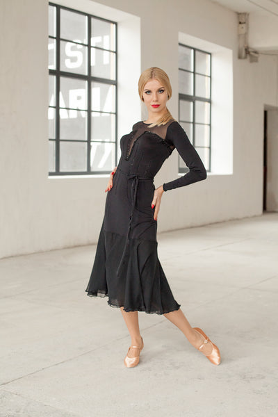 black ballroom dress or evening dress with lace and long lace floaty sleeves from dancewear for you australia