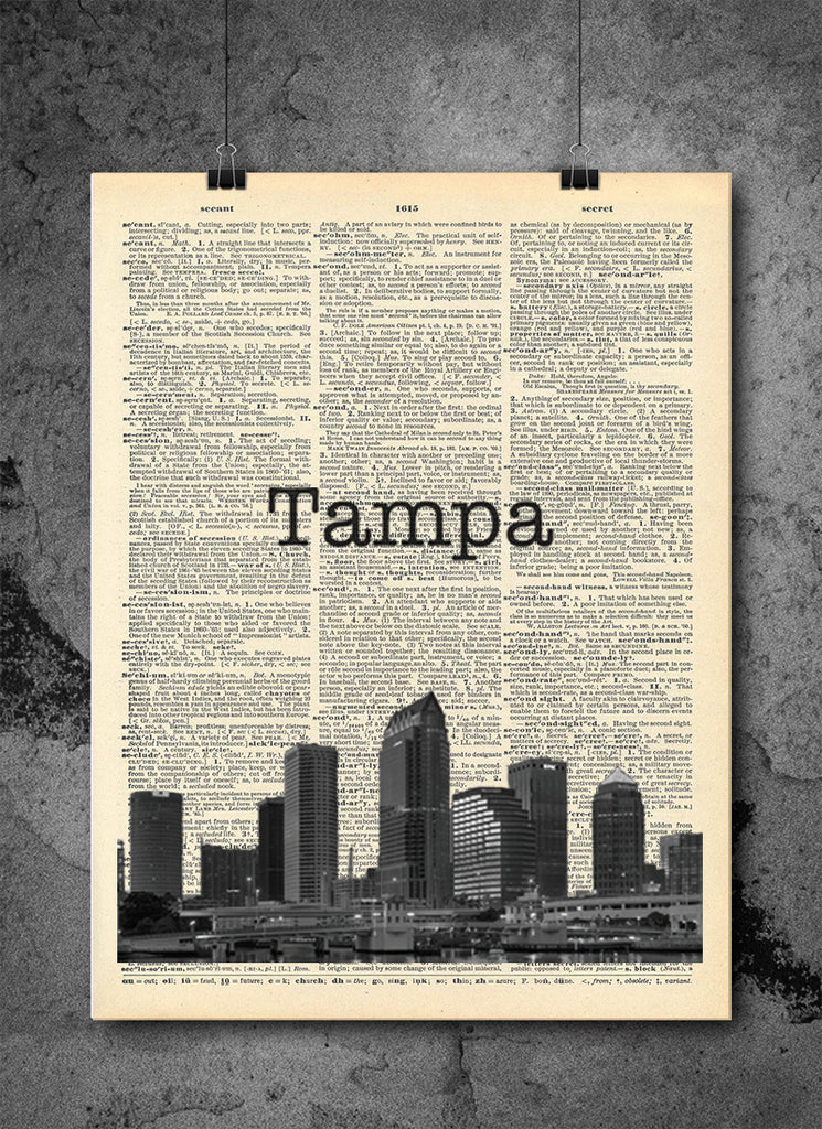Tampa Fl Skyline Art Vintage Dictionary Wall Art Print Florida Wal Local Vintage Prints