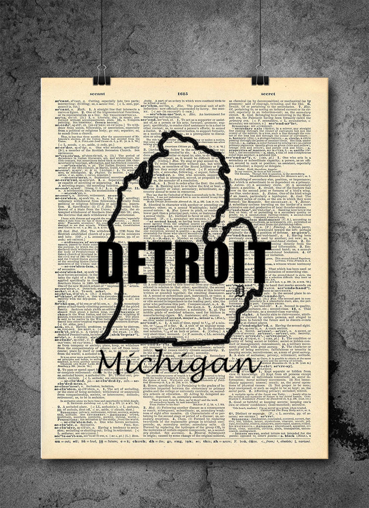 Detroit Michigan State Art Vintage Dictionary Wall Art Print Michiga Local Vintage Prints