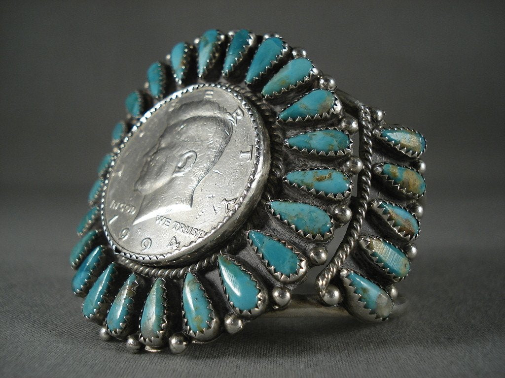 Huge Vintage Navajo Native American Jewelry Silver Coin Turquoise Bracelet