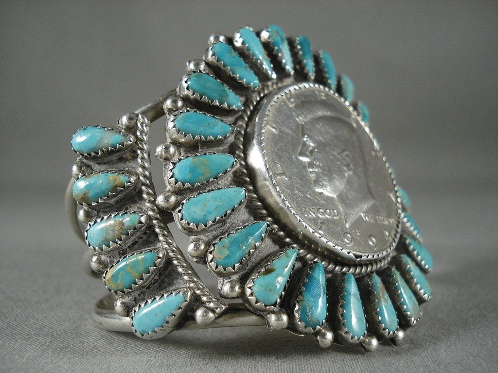 Huge Vintage Navajo Native American Jewelry Silver Coin Turquoise Bracelet