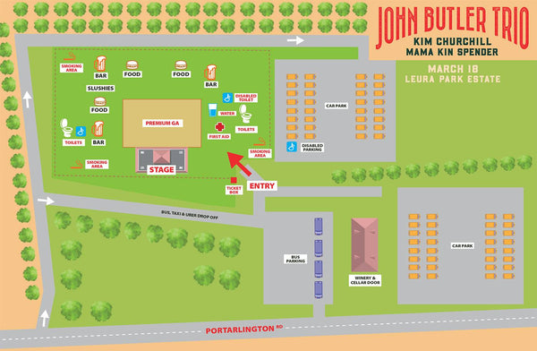 John Butler Trio Event Map Leura Park Estate. Bellarine Peninsula