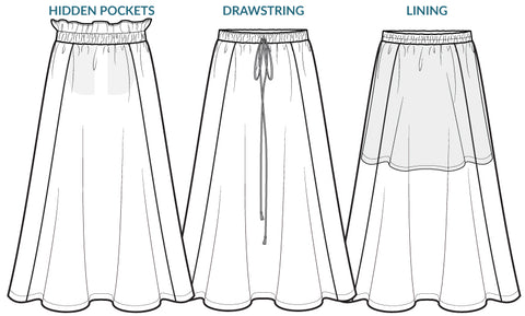 Free Spirit Skirt sewing pattern - pockets, drawstring, lining