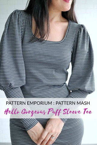 Pattern Mashing Puff Sleeve Square Neck Tee Dress