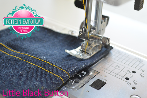 Sewing denim and thick fabrics using the pressure foot black button bumper Pattern Emporium
