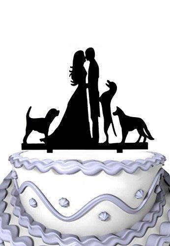 Silhouette Wedding Cake Topper | Groom and Bride Kissing with 3 Dogs