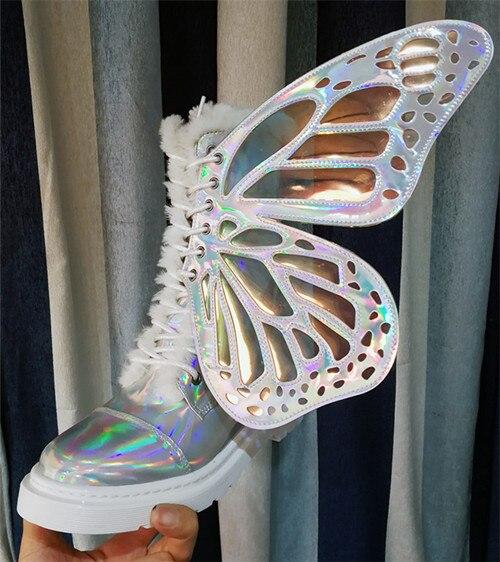 MStacchi Butterfly Wings Women Shoes Shine Silver Leather Flat Sneakers Lace Up Platform Shoes Street high-top Leisure Shoes