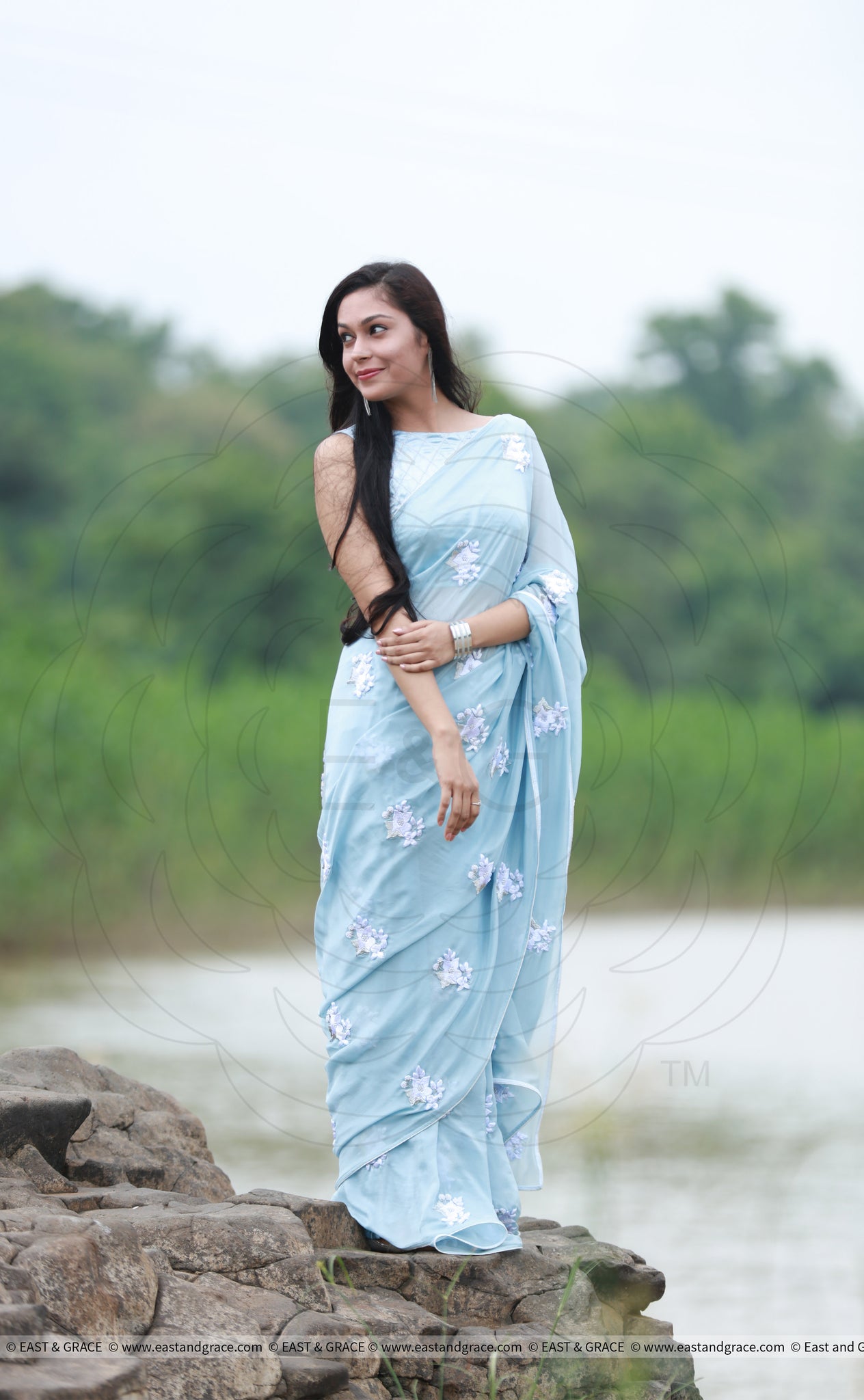 Powder Blue White Floral Pure Silk Chiffon Saree