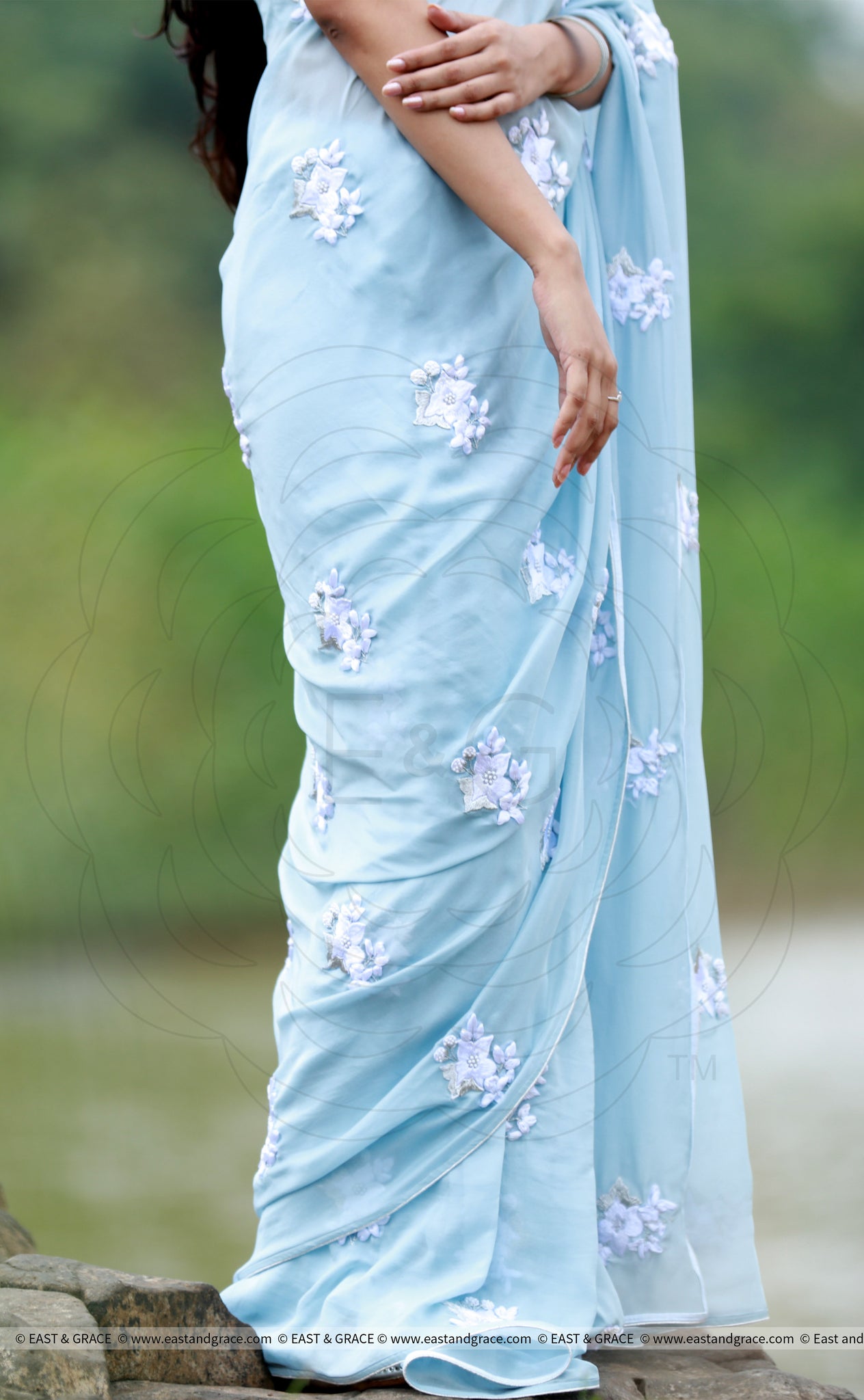 Powder Blue White Floral Pure Silk Chiffon Saree