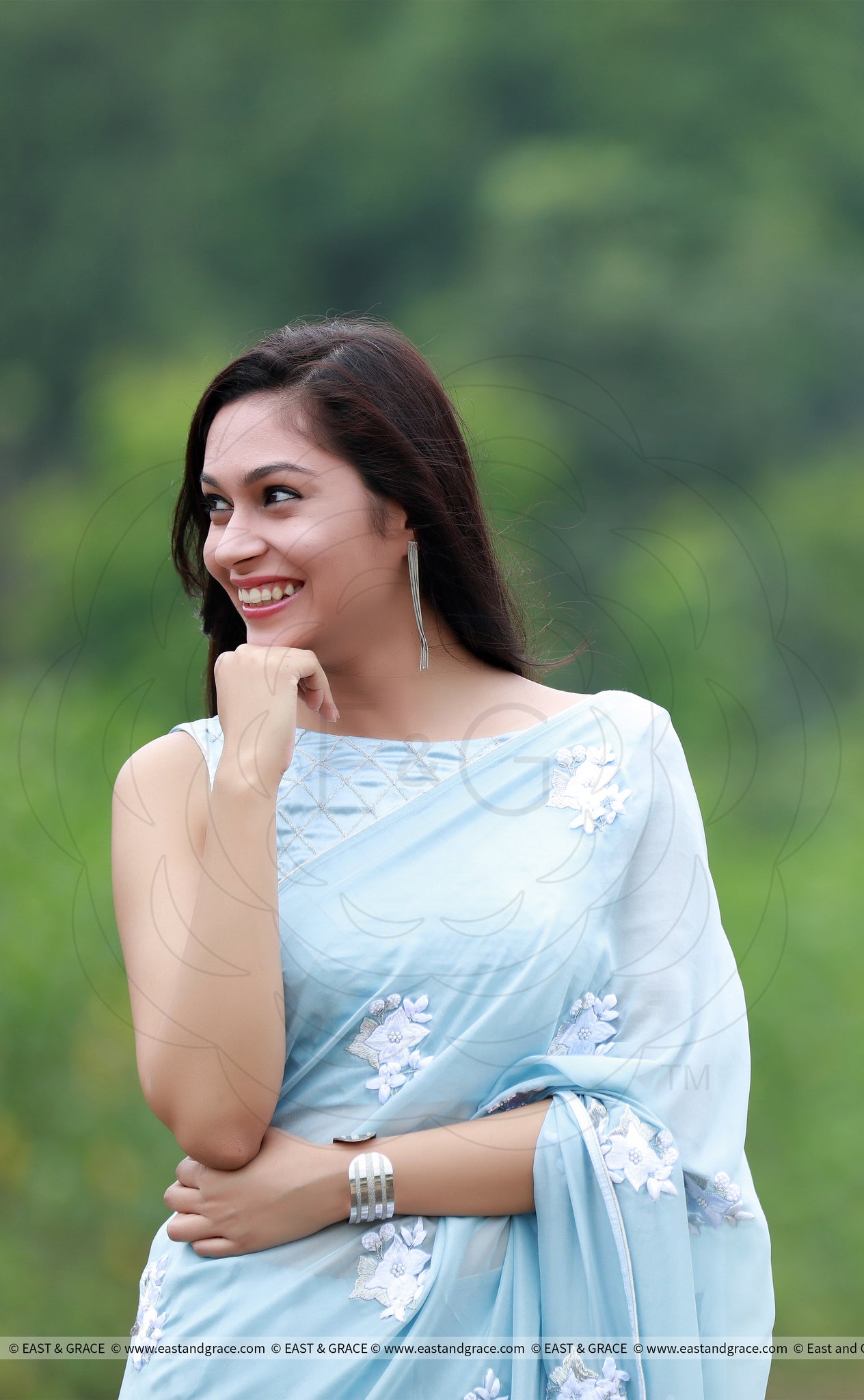 Powder Blue White Floral Pure Silk Chiffon Saree