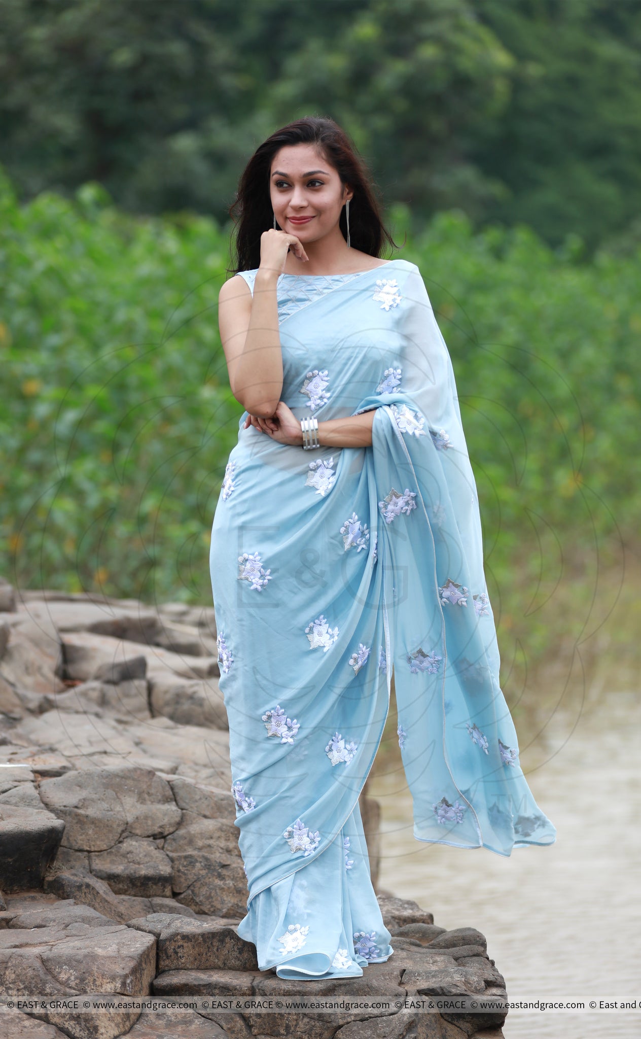 Powder Blue White Floral Pure Silk Chiffon Saree