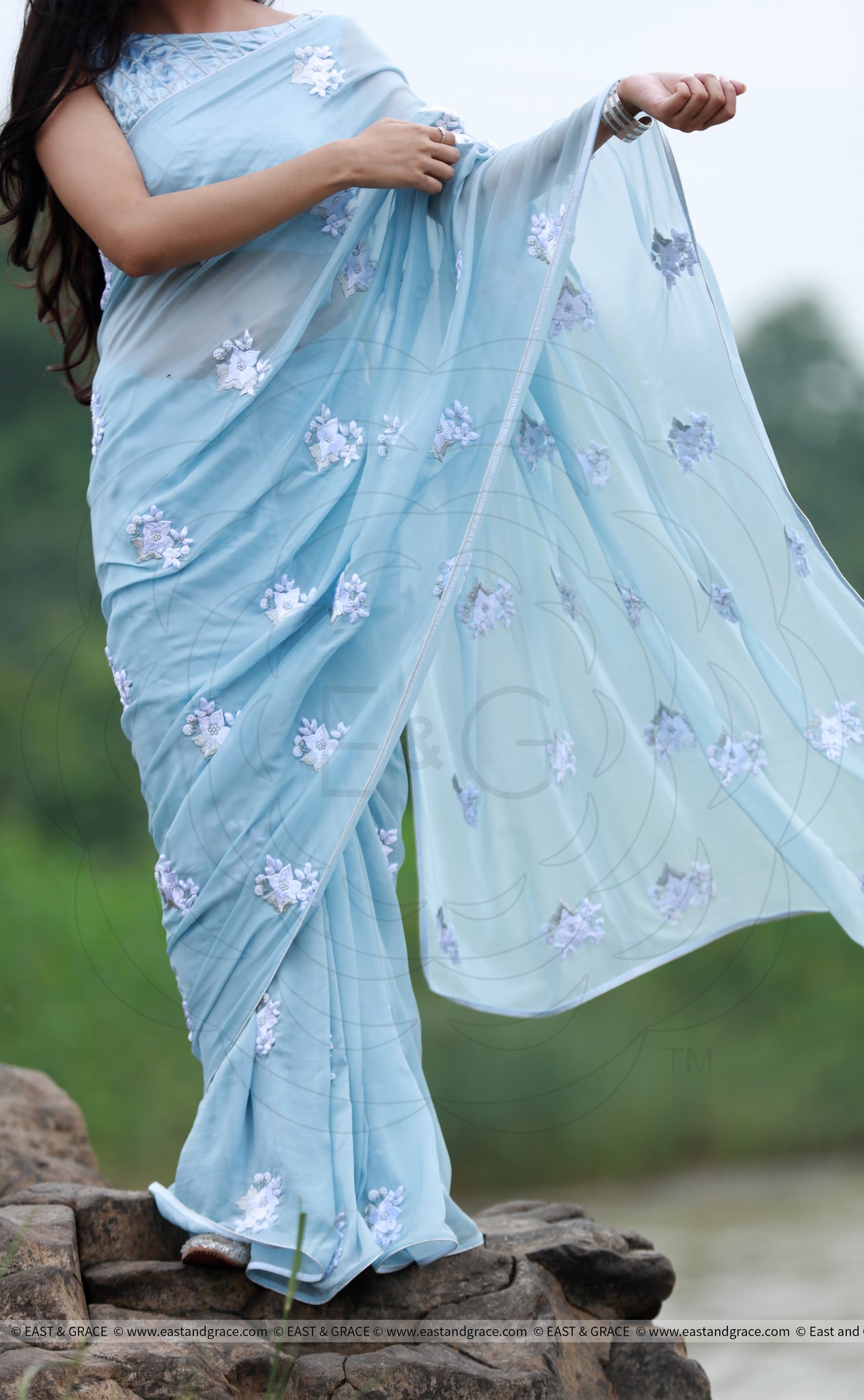 Powder Blue White Floral Pure Silk Chiffon Saree