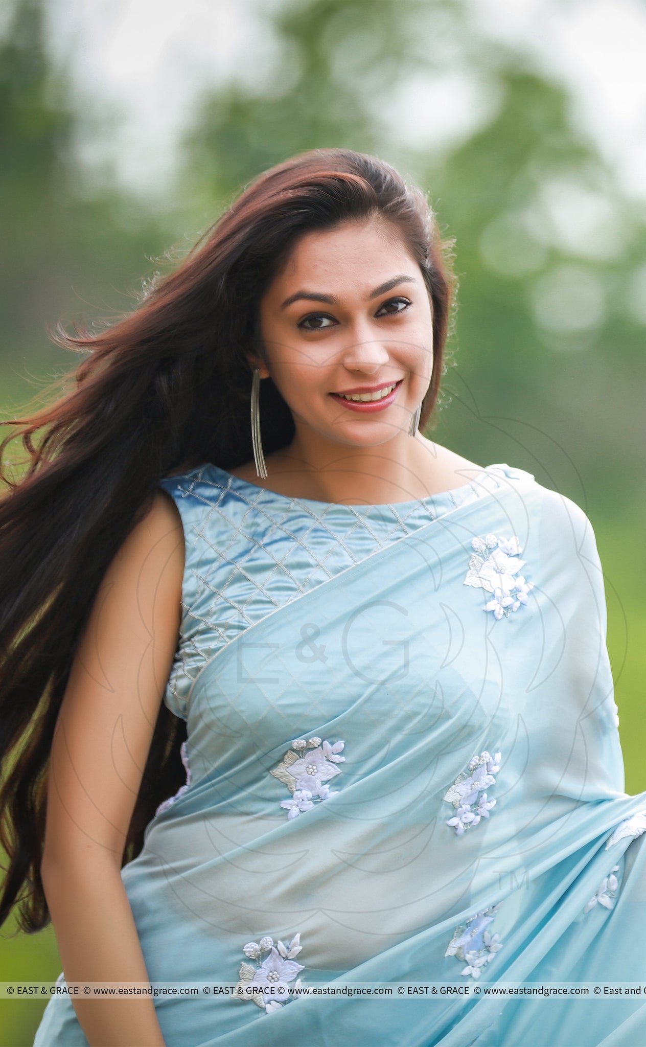 Powder Blue White Floral Pure Silk Chiffon Saree