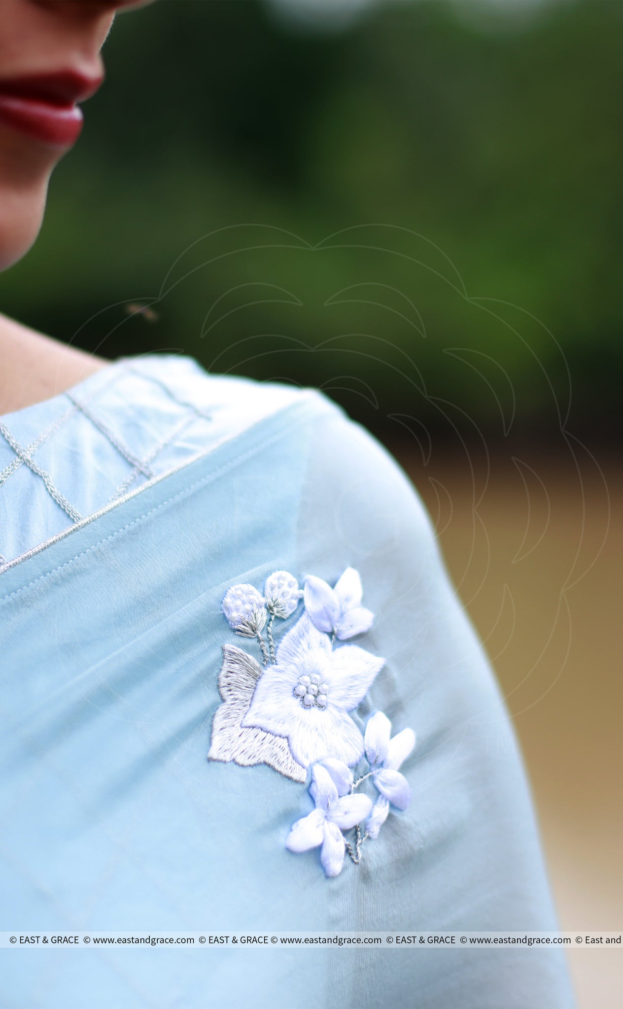 Powder Blue White Floral Pure Silk Chiffon Saree