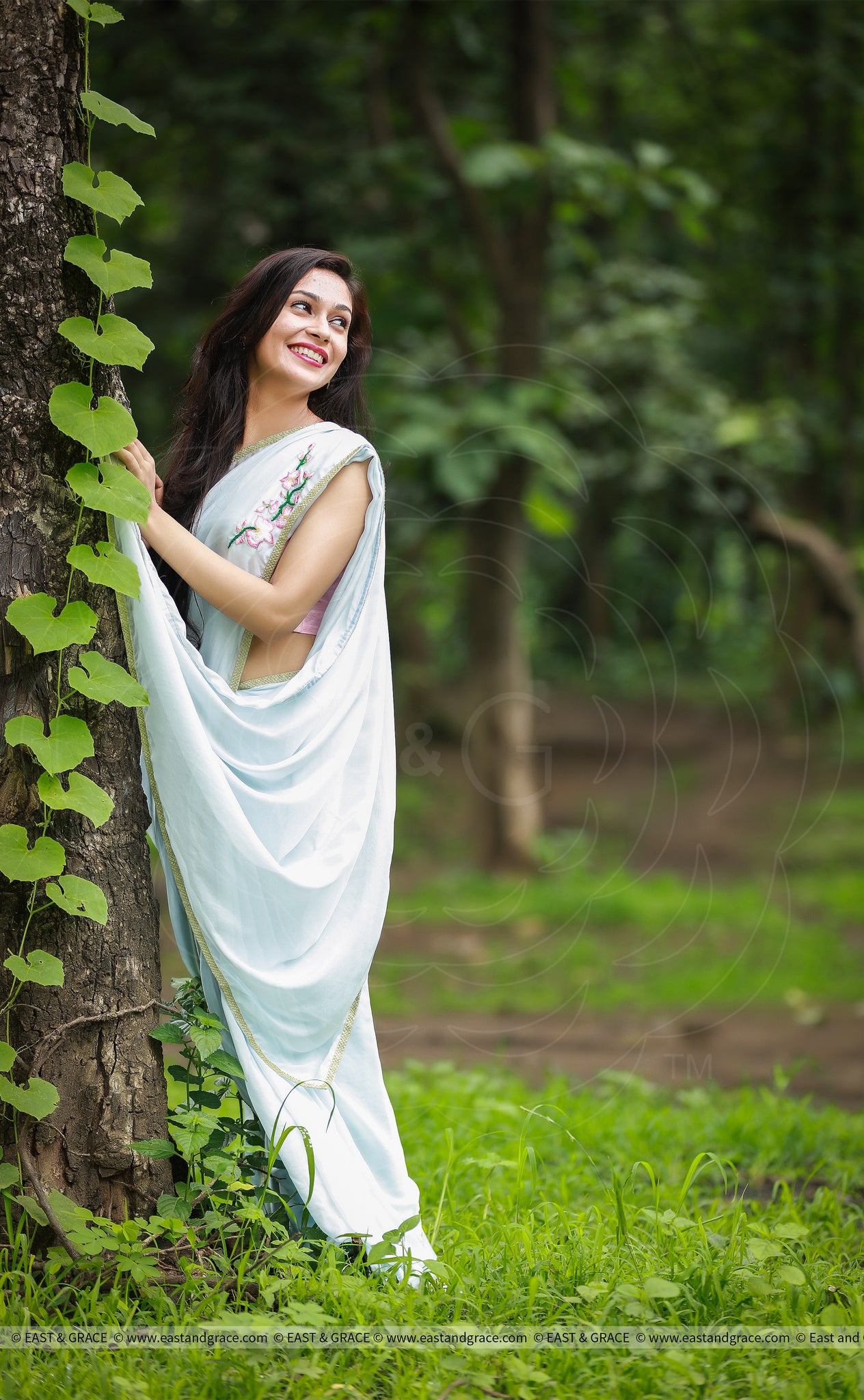 Baby Blue Gala Orchid Twig Pure Silk Chiffon Saree