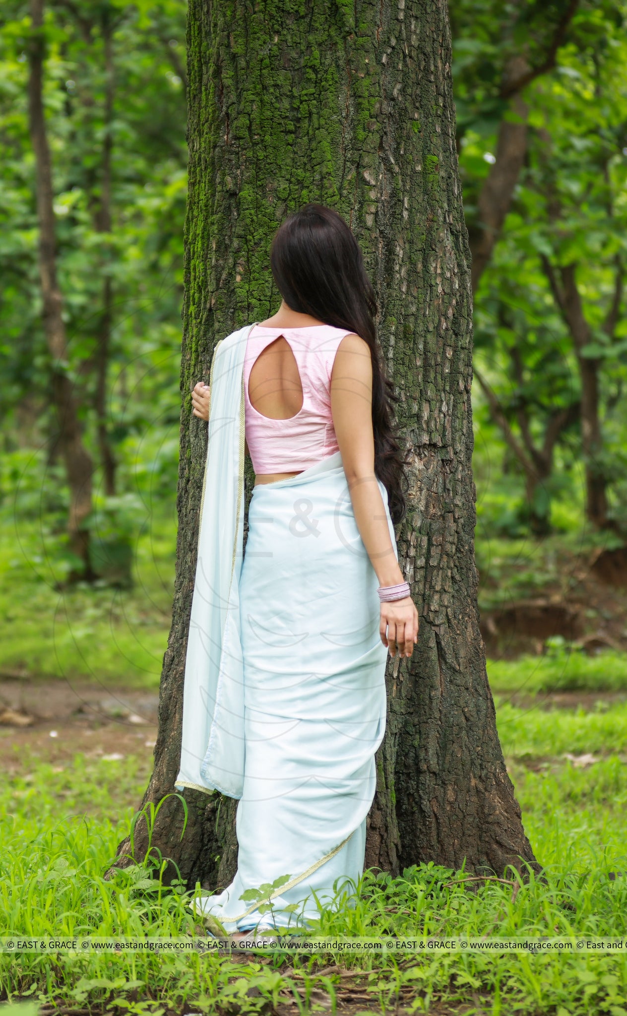 Baby Blue Gala Orchid Twig Pure Silk Chiffon Saree