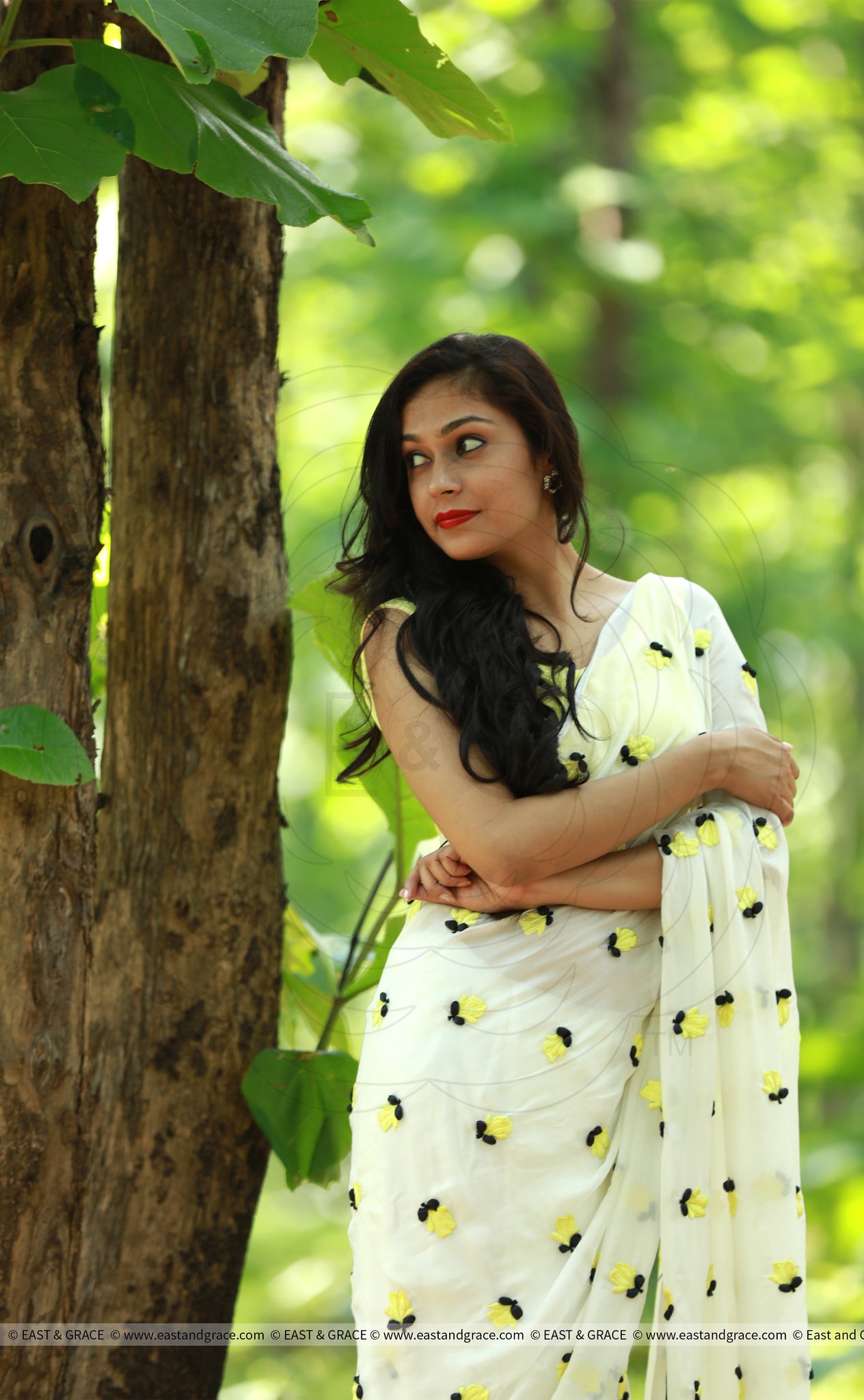 Yellow Crocus on White Pure Silk Chiffon Saree