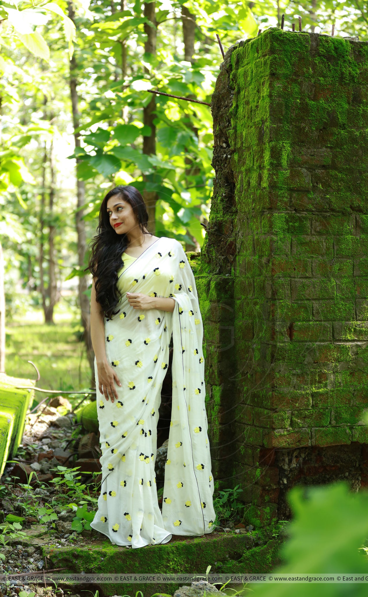 Yellow Crocus on White Pure Silk Chiffon Saree